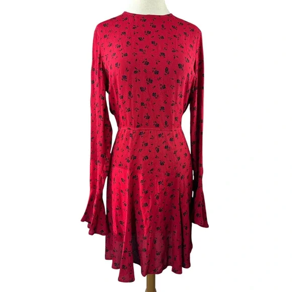 Reformation Red & Black Floral Print Mini Dress Bell Sleeve Ruffle Women's Large - Picture 4 of 16